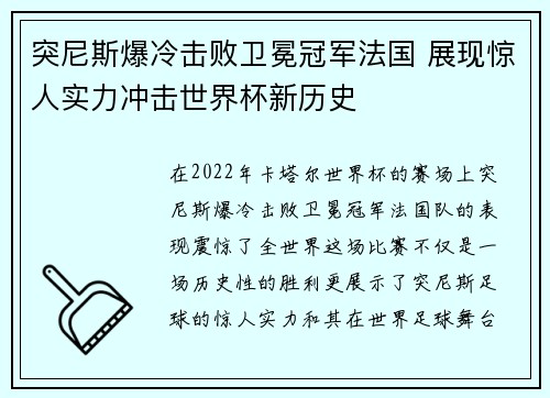 突尼斯爆冷击败卫冕冠军法国 展现惊人实力冲击世界杯新历史 突尼斯爆冷击败卫冕冠军法国 展现惊人实力冲击世界杯新历史